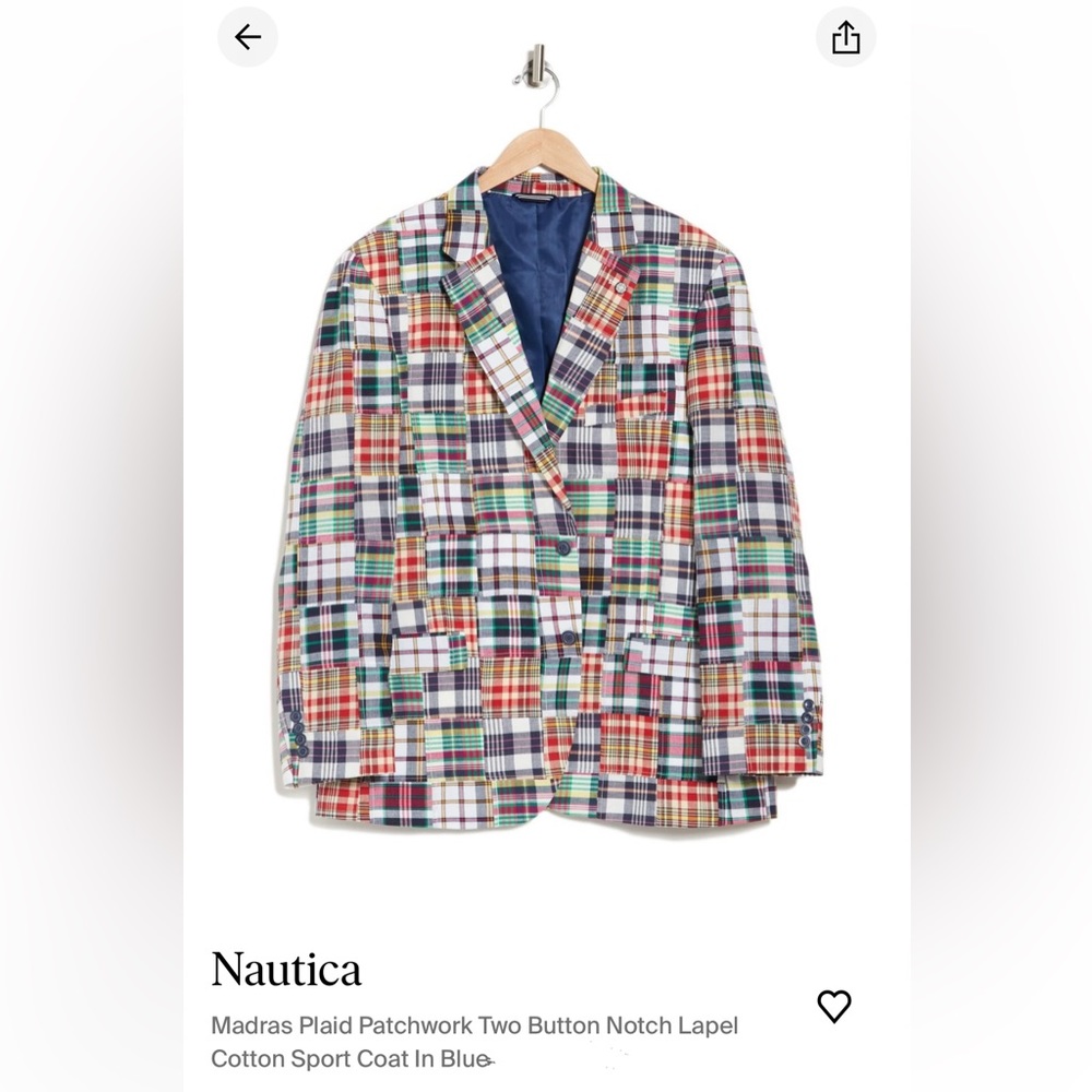 NAUTICA Madras Plaid patchwork two button notch lapel cotton sport coat in blue.